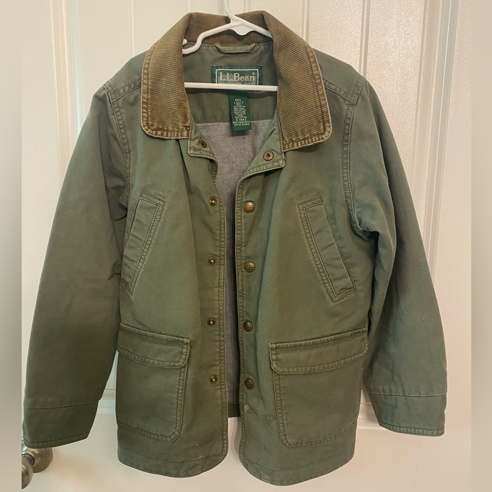 Boys L.L. Bean Green Barn Jacket with Brown Corduroy Collar L (6x-7)